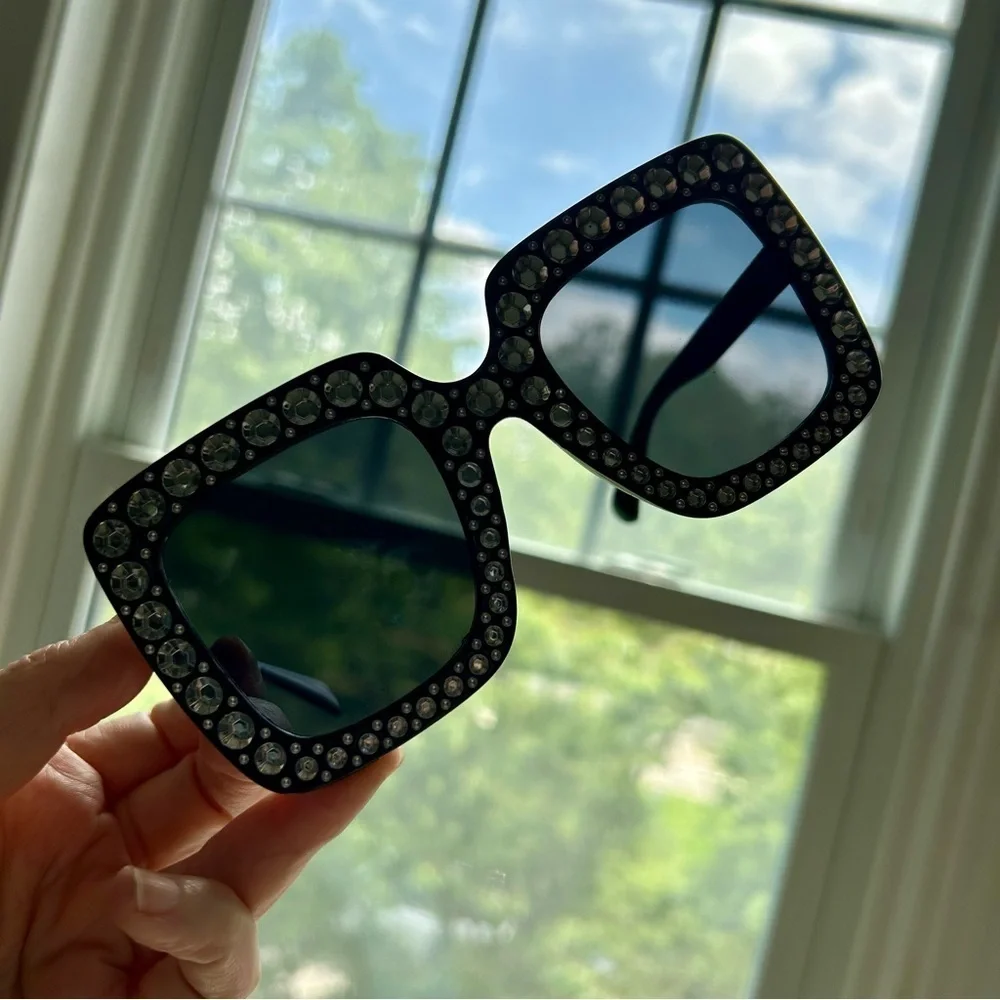 Sparkly, Fluted Rhinestone Rimmed Sunglasses, Black, Silver